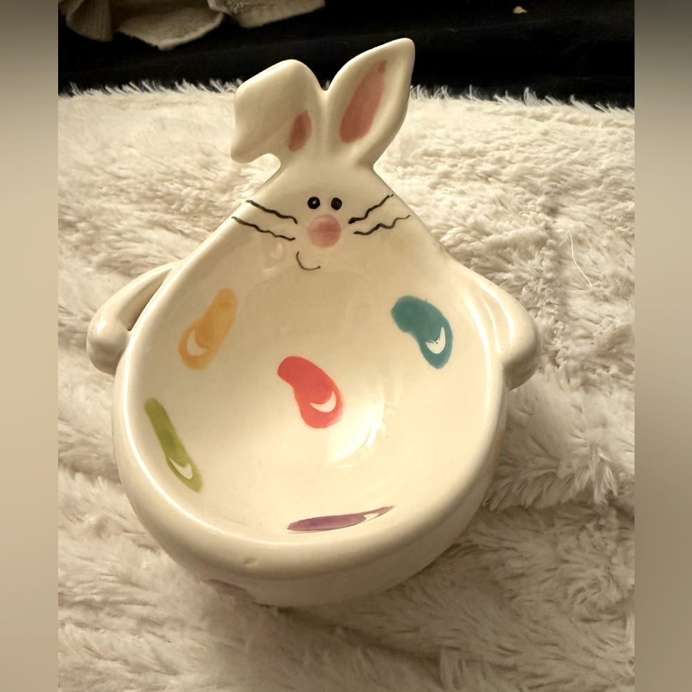 Easter bunny candy dish with jellybeans